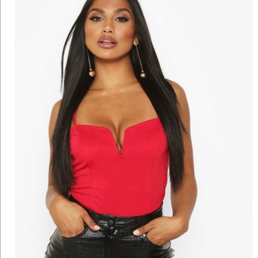 Boohoo red v cut bodysuit